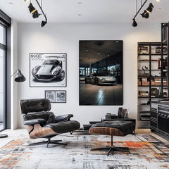 Modern living room showcasing car wall art featuring a Ferrari SF90 Stradale in Showroom on display.