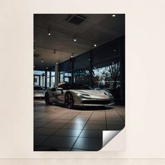 This photo shows a silver Ferrari SF90 Stradale parked inside a showroom with large windows, unframed style.