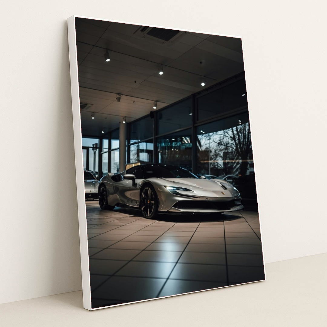 This photo shows a silver Ferrari SF90 Stradale parked inside a showroom with large windows, in a white frame.