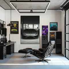 Lamborghini Stare Down artwork displayed in a modern office showcasing car wall art with sleek design elements.