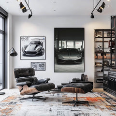 Lamborghini Stare Down displayed in a modern showroom, showcasing matte gray finish and luxury car wall art.