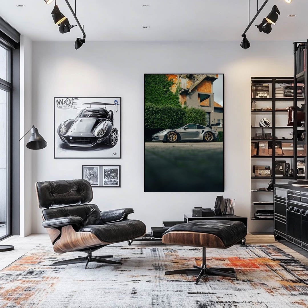 GT3 RS in City Hideaway displayed as elegant car wall art in a modern living room setting.