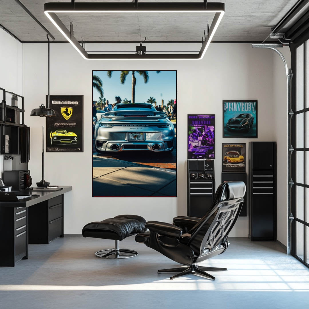 Porsche 911 Turbo S in Coastal Air displayed as car wall art in a stylish office setting with modern decor.