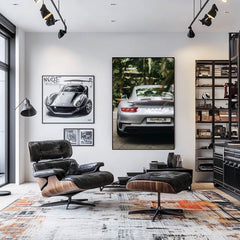 Silver 911 Turbo S Porsche Coupe in Focus displayed as car wall art in a contemporary living space.