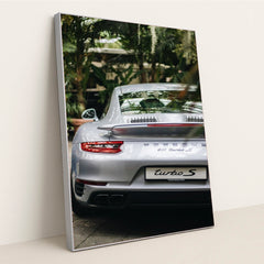 This photo shows the rear view of a silver Porsche 911 Turbo S parked among lush green plants, in a silver frame.