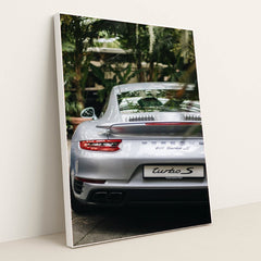 This photo shows the rear view of a silver Porsche 911 Turbo S parked among lush green plants, in a white frame.