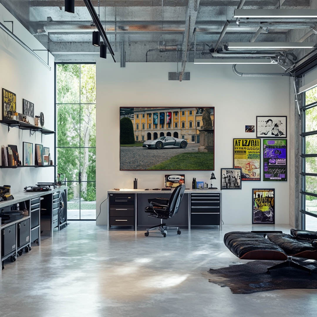 Modern office with a Porsche 918 Spyder at European Estate wall art, showcasing sleek car design amid stylish decor.