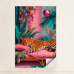 This artwork shows a lounging leopard on a pink couch surrounded by tropical plants and a sparkling disco ball, unframed.
