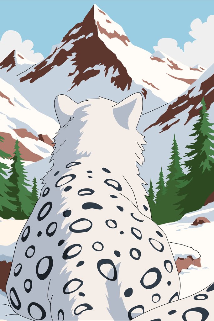 Rizki Kurniawan - A snow leopard sitting in the snow with mountains in the background