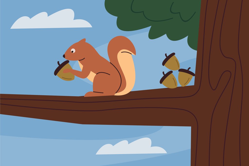 Andania Humaira - A squirrel sitting on a tree branch with acorns