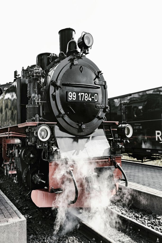 Felix Mittermeier - A classic steam locomotive releasing smoke at a railway station, showcasing old-world engineering charm.