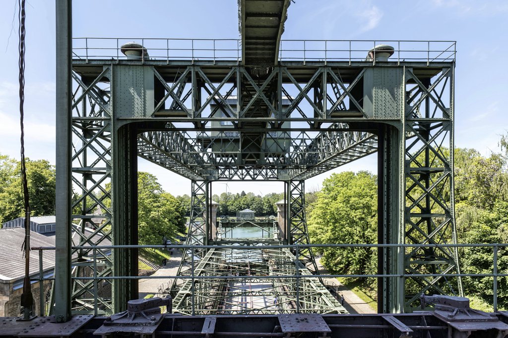 Wolfgang Weiser - View of a monumental steel ship lift in Waltrop, Germany, showcasing innovative engineering.