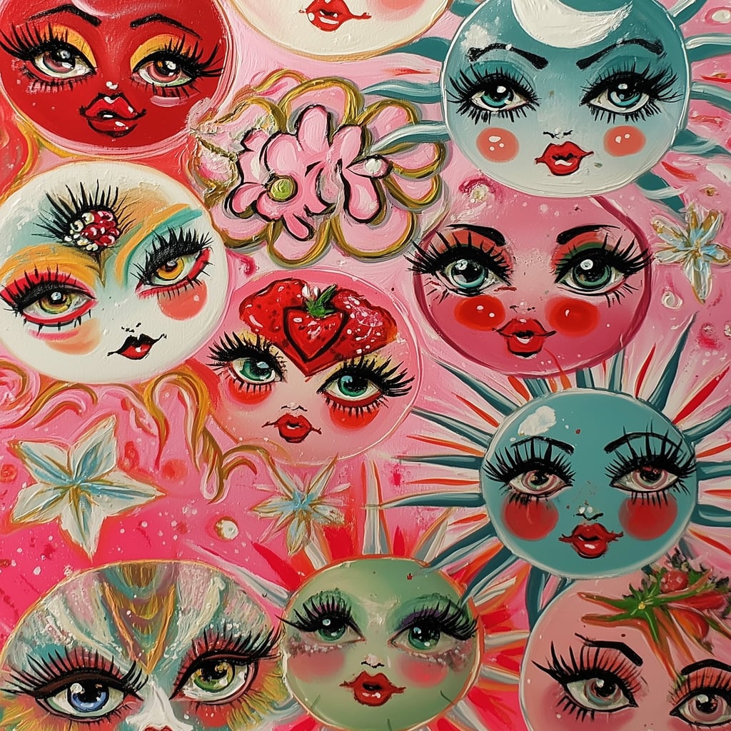 This artwork shows whimsical painted faces with large lashes and bright lips on colorful circles, surrounded by flowers and stars, unframed.