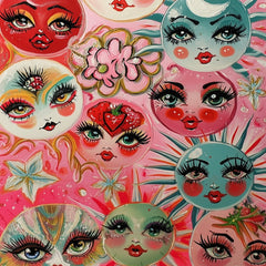 This artwork shows whimsical painted faces with large lashes and bright lips on colorful circles, surrounded by flowers and stars, unframed.