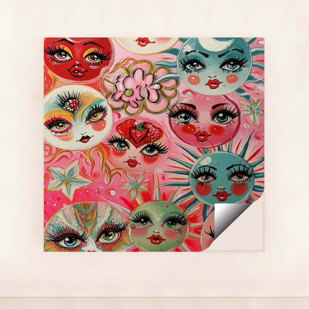 This artwork shows whimsical painted faces with large lashes and bright lips on colorful circles, surrounded by flowers and stars, minimalist unframed style.