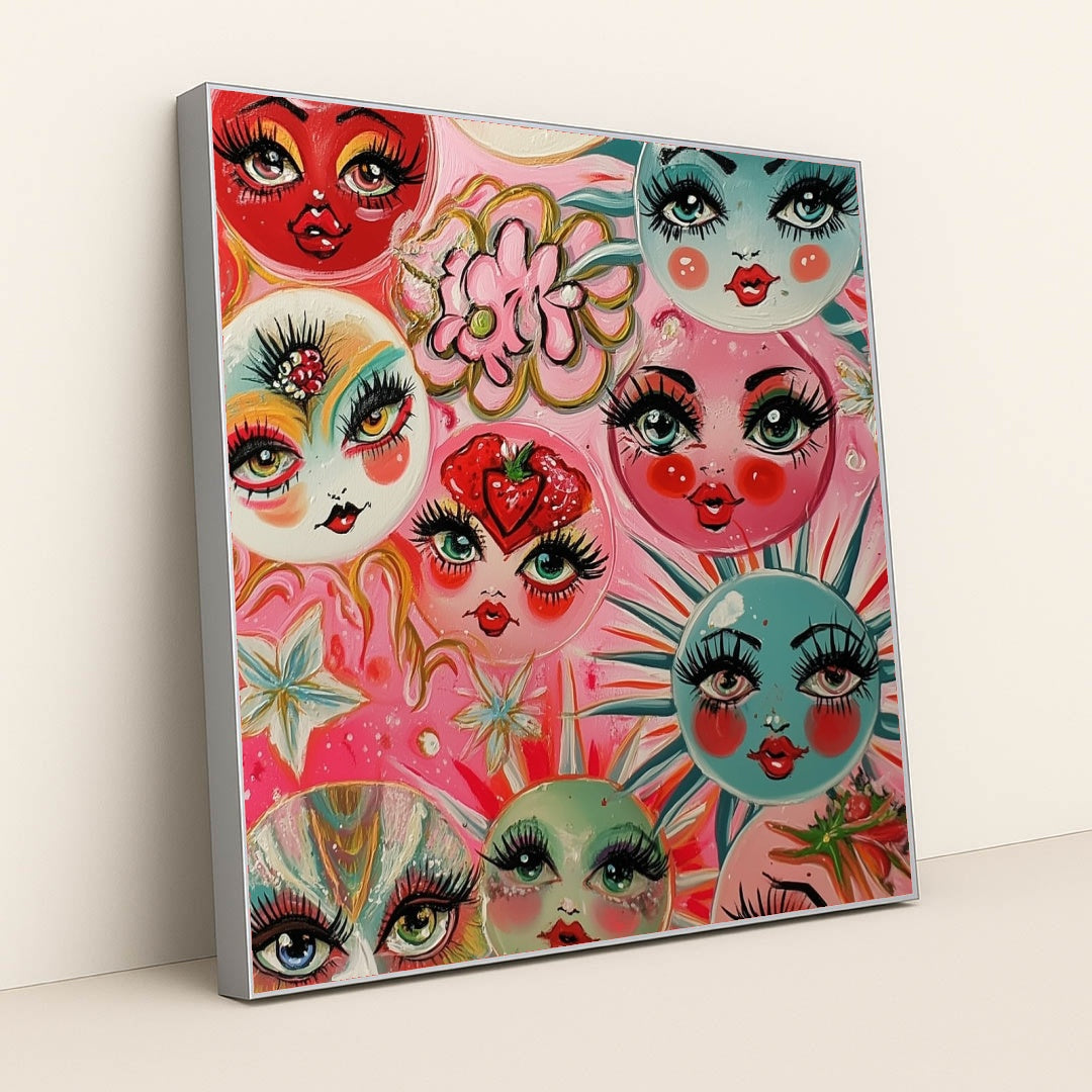 This artwork shows whimsical painted faces with large lashes and bright lips on colorful circles, surrounded by flowers and stars, in a silver frame.