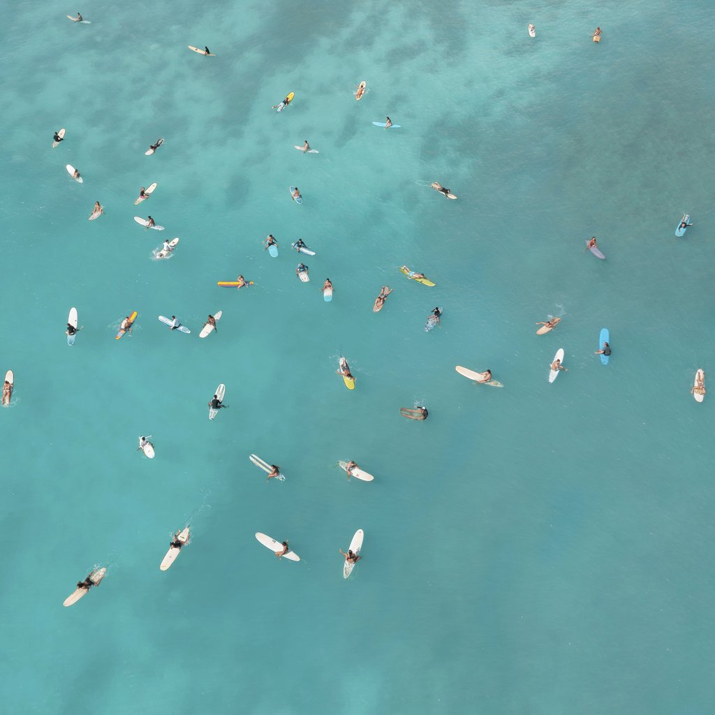 Jess Loiterton - Aerial shot of surfers in vibrant turquoise water, capturing a serene beach scene.