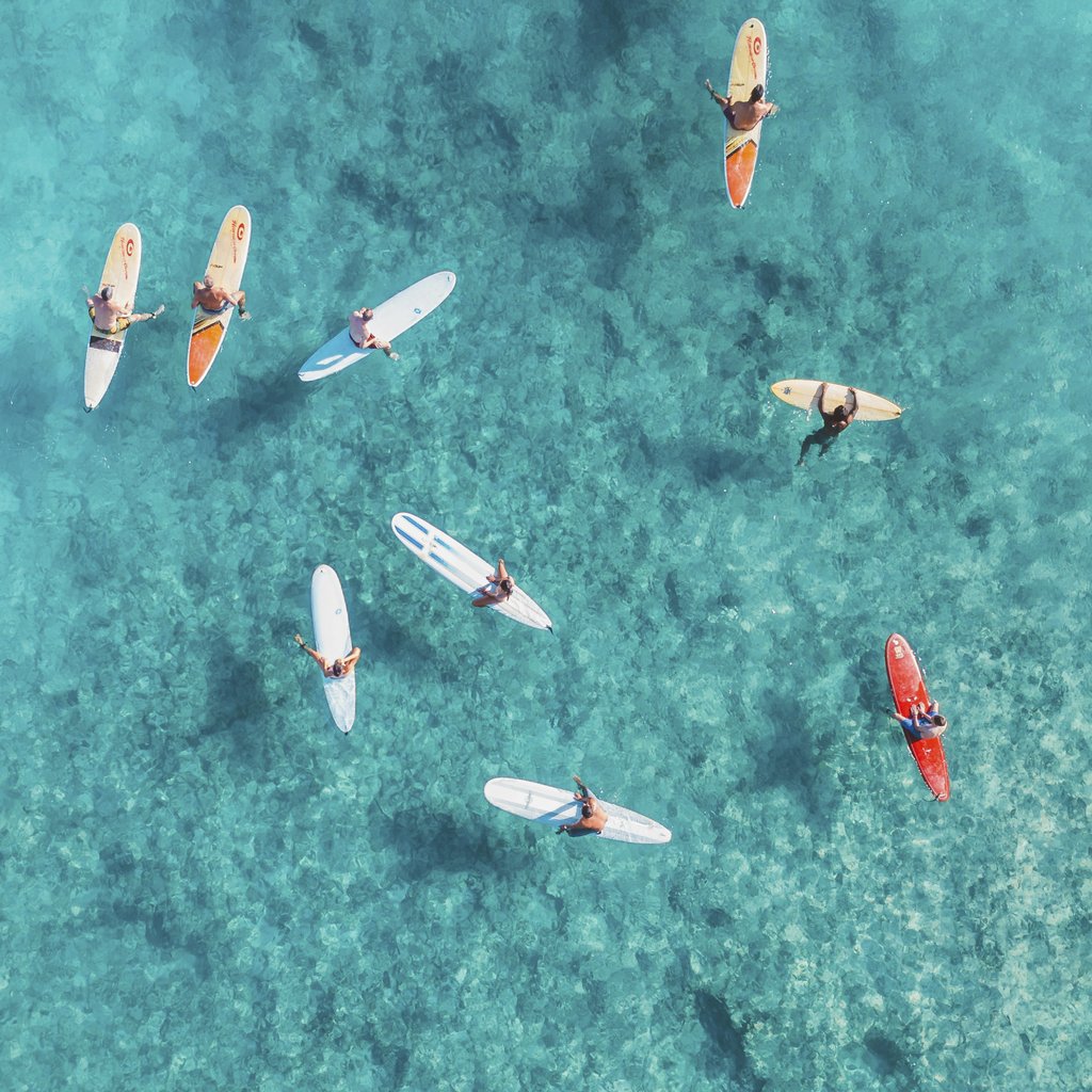 Jess Loiterton - Aerial shot of surfers resting on surfboards in clear blue ocean, a perfect summer water sport scene.