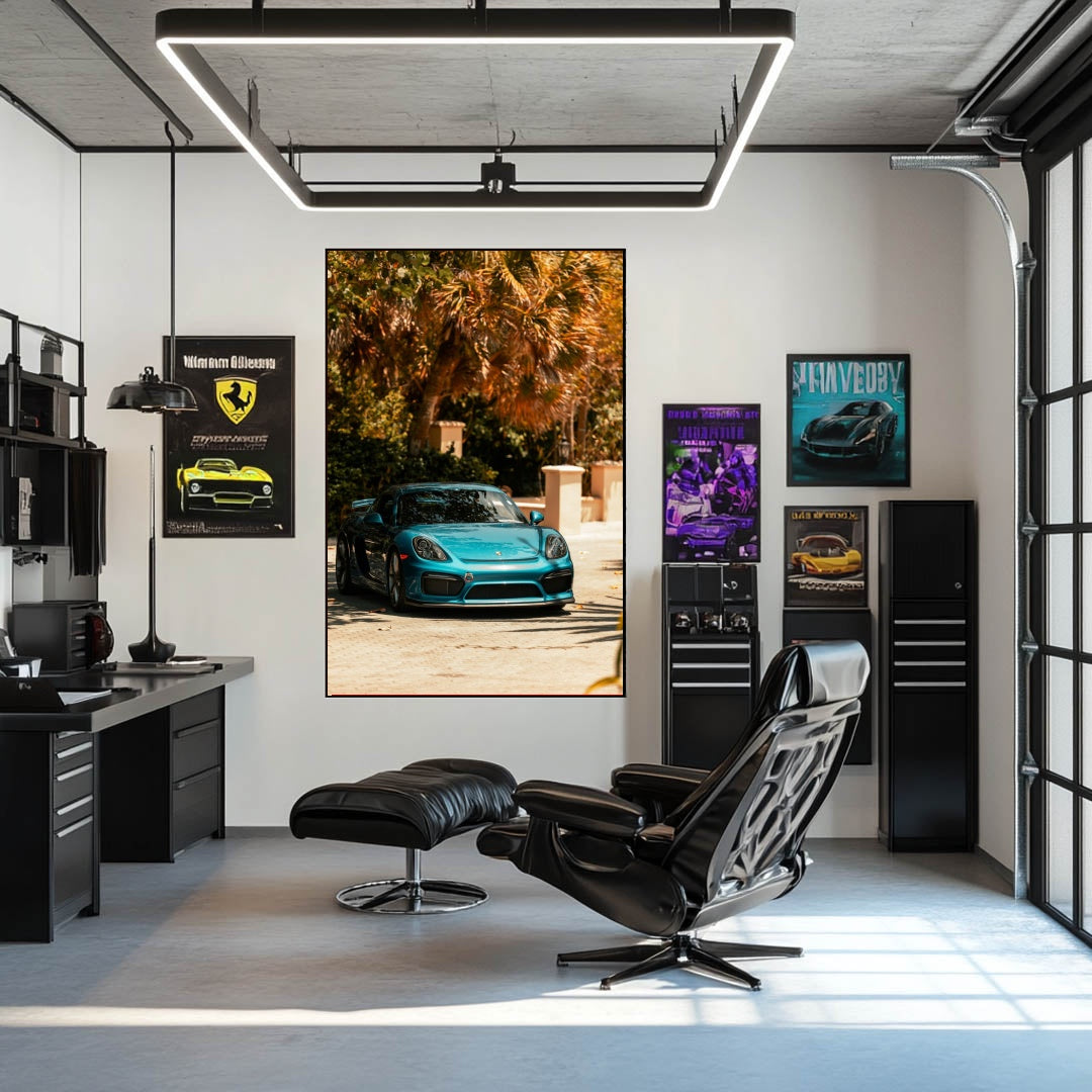 Porsche Cayman GT4 Among the Palms, a teal car wall art in a stylish office with modern decor.