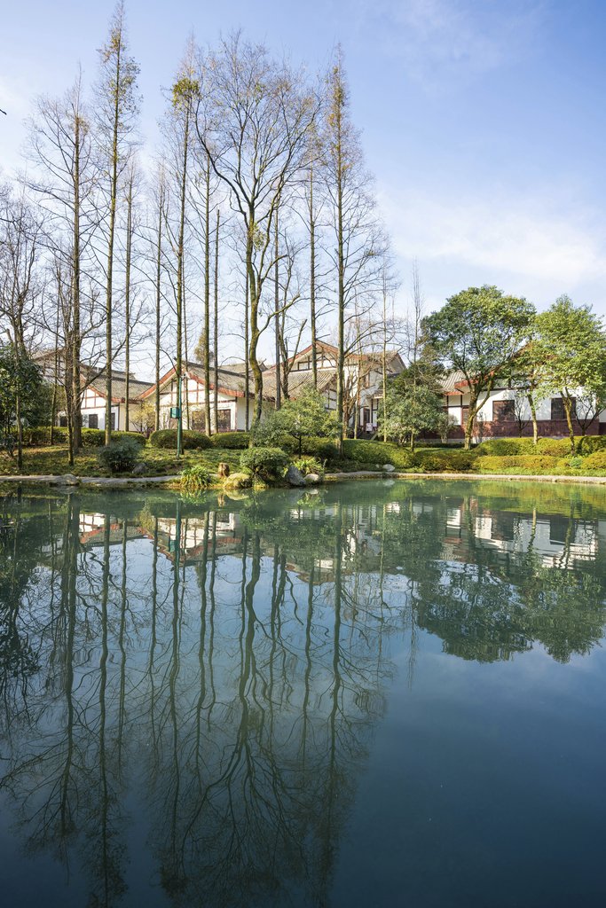 Nguyen Khuong - Serene view of leafless trees and houses reflecting in a calm lake on a winter day.