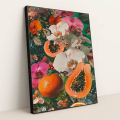 This artwork shows a tropical collage of papayas, oranges, pink and white orchids, orange flowers, and butterflies, in a black frame.