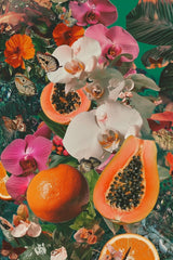 This artwork shows a tropical collage of papayas, oranges, pink and white orchids, orange flowers, and butterflies.