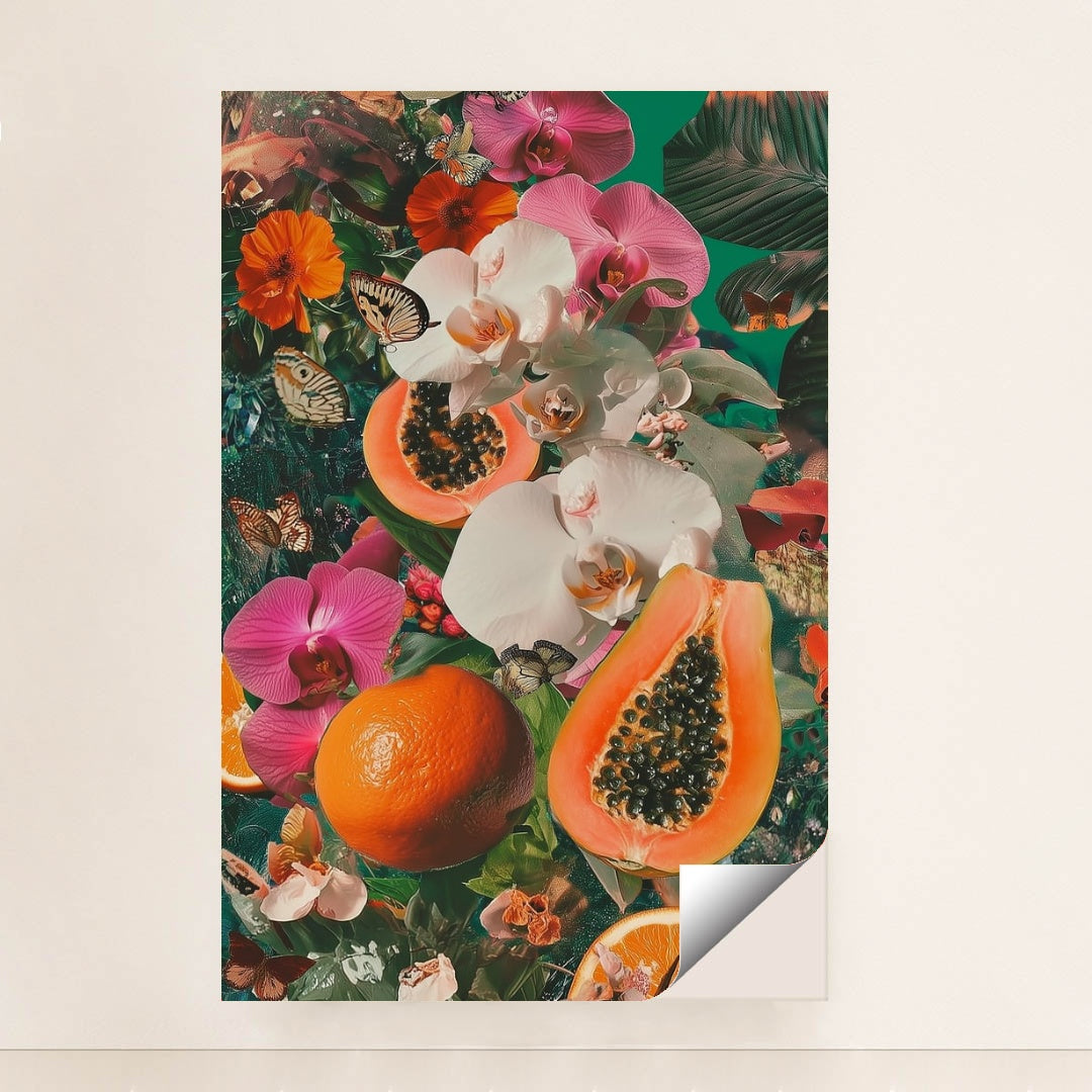 This artwork shows a tropical collage of papayas, oranges, pink and white orchids, orange flowers, and butterflies, unframed.