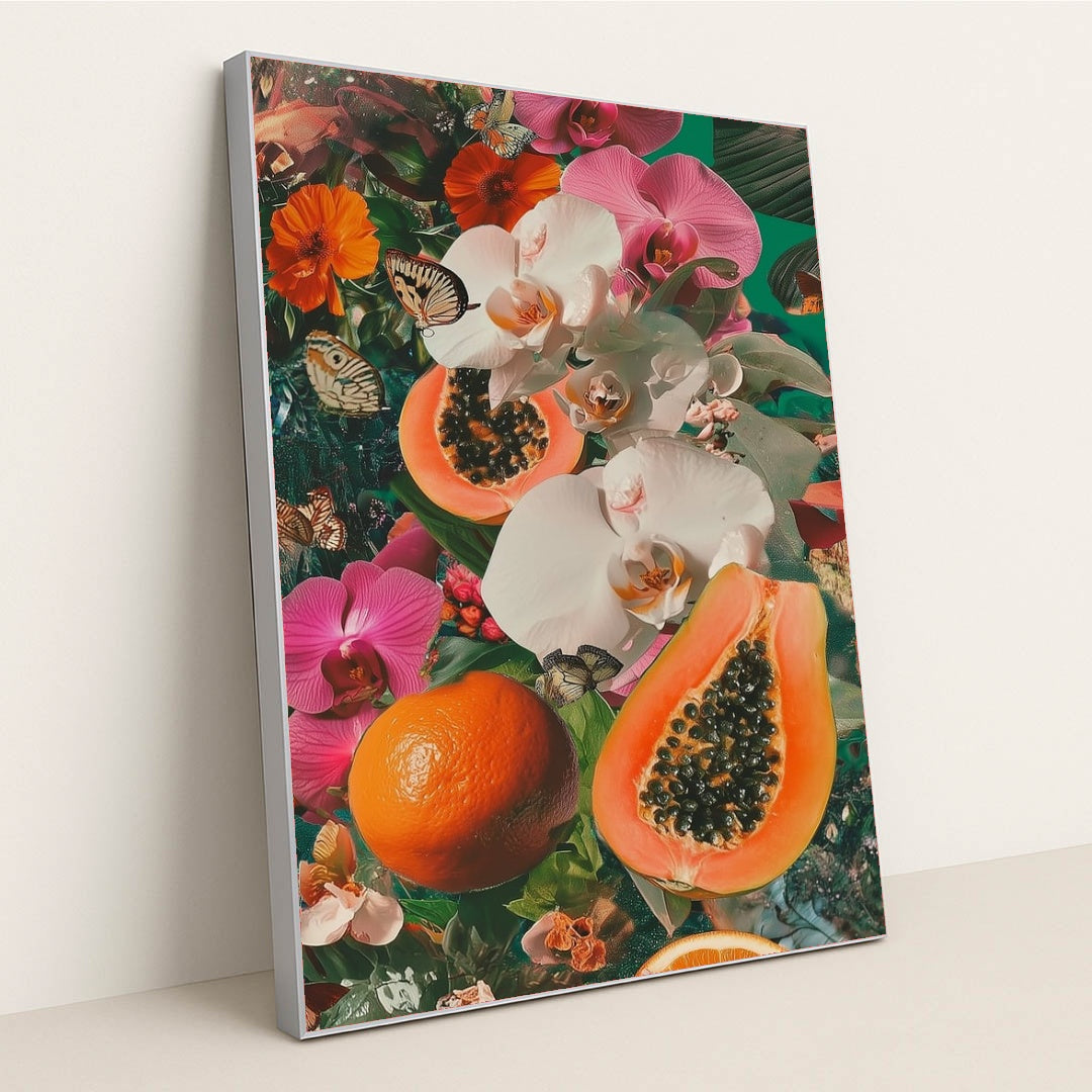 This artwork shows a tropical collage of papayas, oranges, pink and white orchids, orange flowers, and butterflies, in a silver frame.