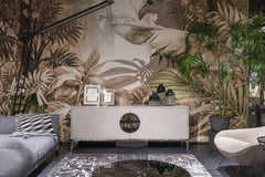 Max Vakhtbovycn - Elegant and cozy living room interior with tropical wallpaper, modern furniture, and vibrant decor accents.