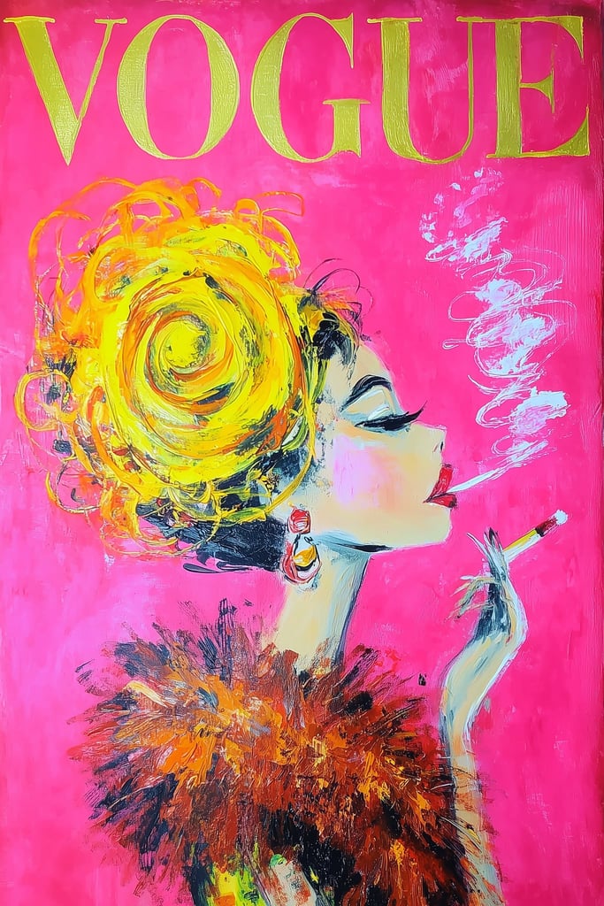 This artwork shows a glamorous painted woman with a yellow updo, feathered collar, and cigarette on a vivid pink Vogue magazine cover.