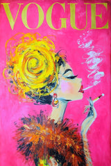 This artwork shows a glamorous painted woman with a yellow updo, feathered collar, and cigarette on a vivid pink Vogue magazine cover.