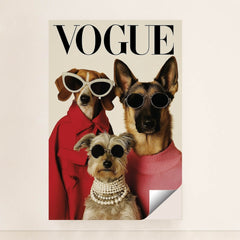 This artwork shows three stylish dogs wearing sunglasses, coats, and pearls posing on a Vogue magazine cover, unframed.