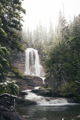 Branden Stephenson - Serene winter waterfall surrounded by snow-laden trees in Glacier National Park, Montana.