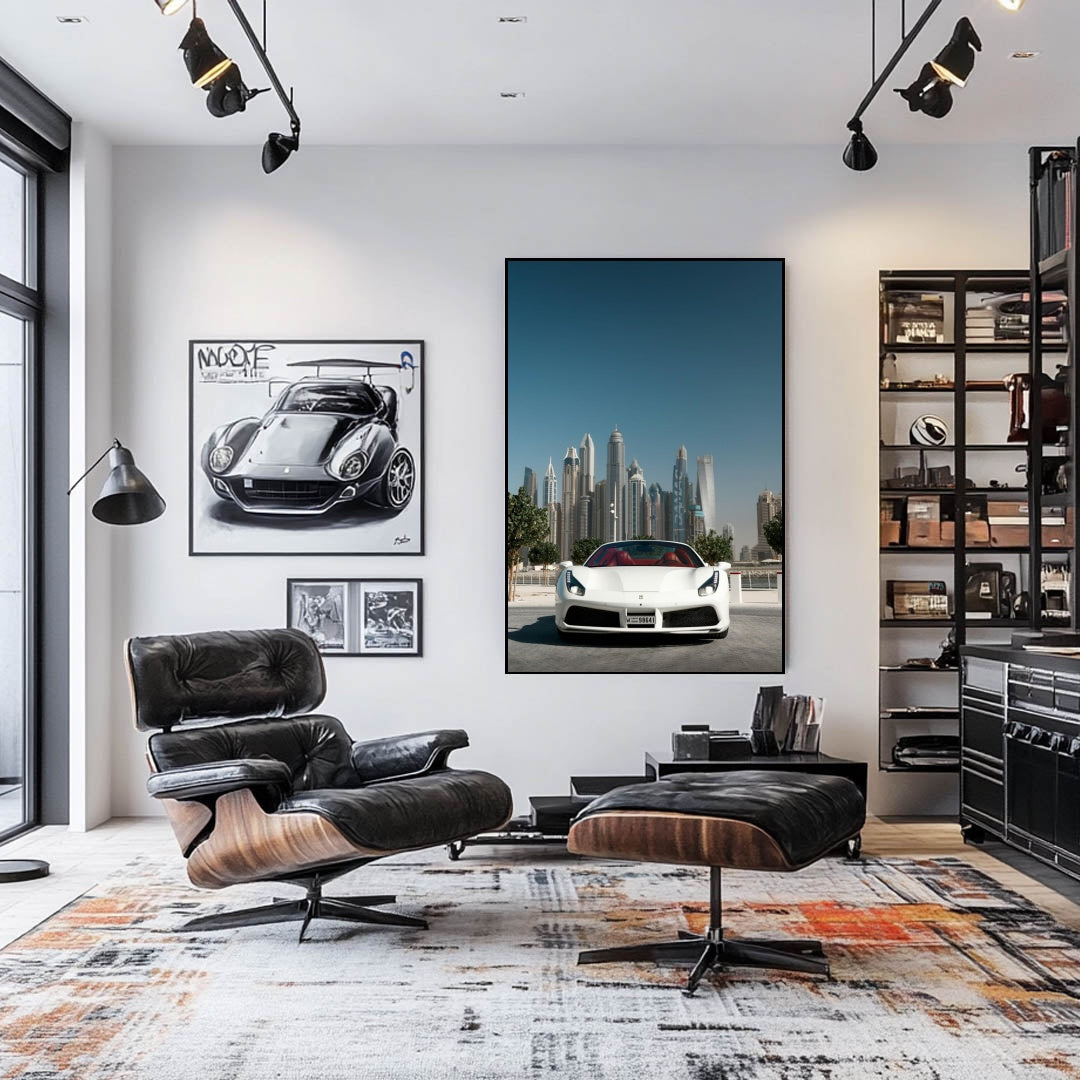 Ferrari 488 Spider in Dubai displayed as car wall art in a modern living room with sleek furniture and city skyline.