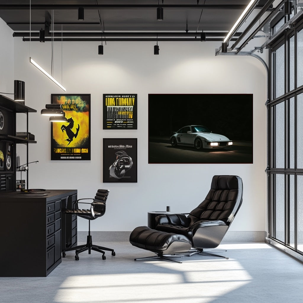 Porsche 911 Late Night Drives car wall art displayed in a modern office setting with stylish furniture.