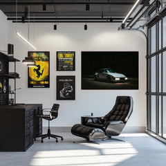 Porsche 911 Late Night Drives car wall art displayed in a modern office setting with stylish furniture.