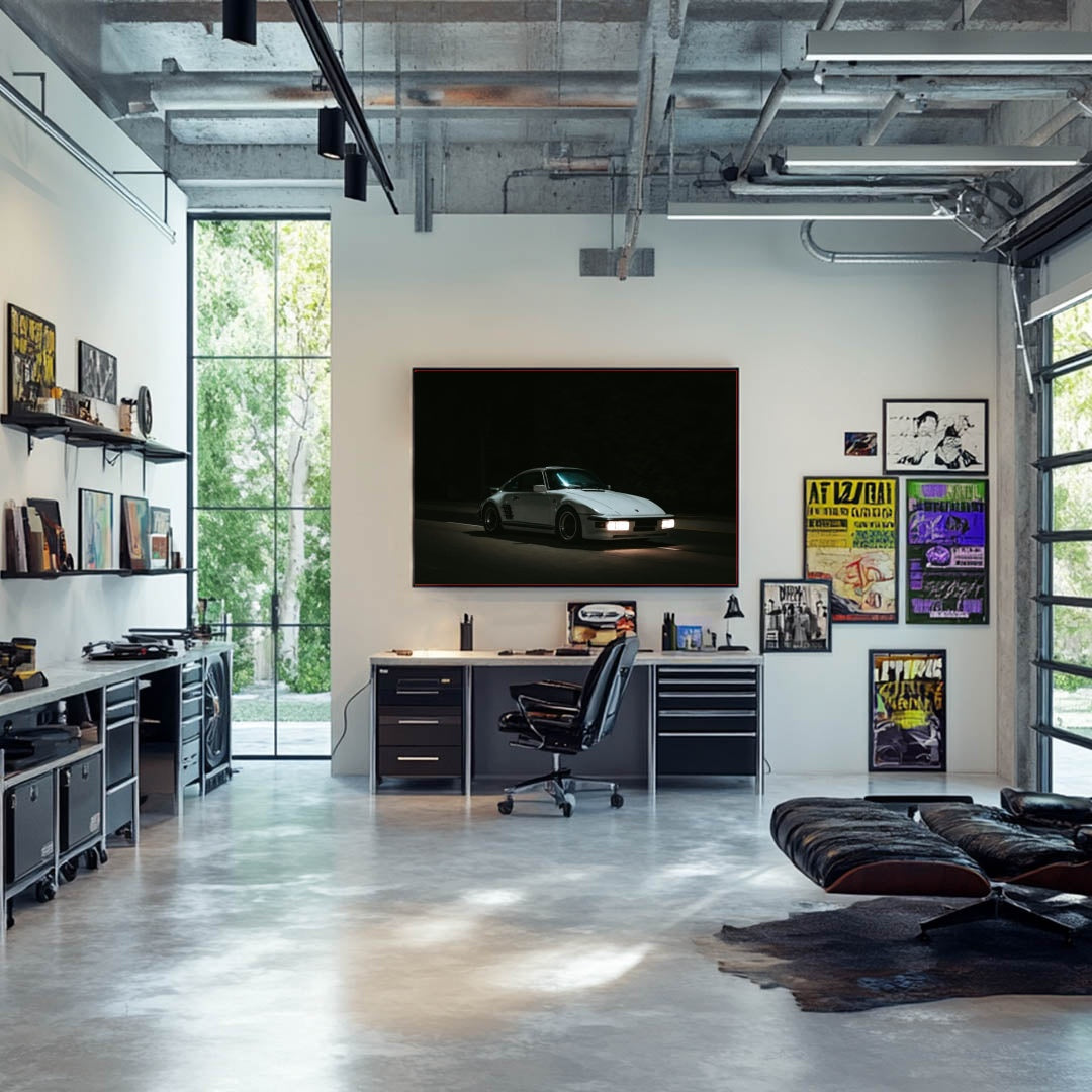 Porsche 911 Late Night Drives car wall art displayed in a stylish modern office space.