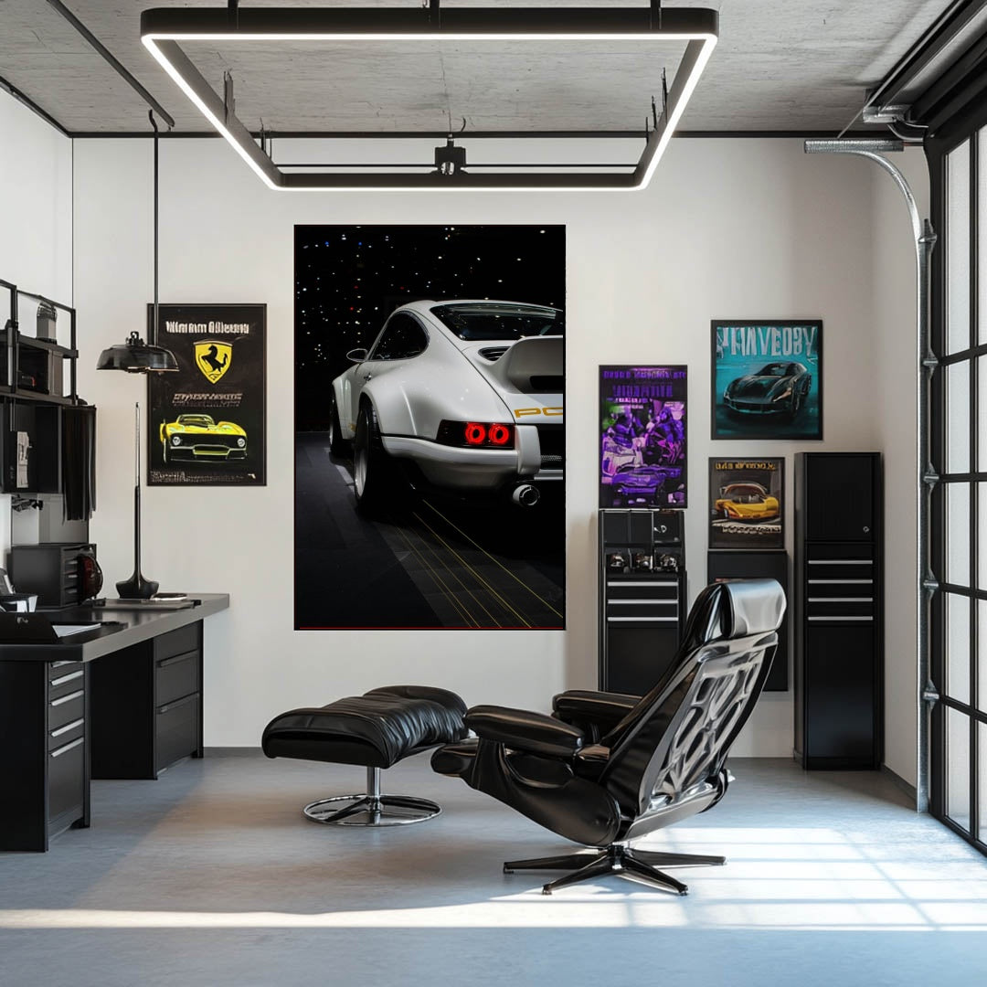 Porsche 911 Restomod wall art featuring a customized car in a stylish office setting.