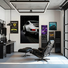 Porsche 911 Restomod wall art featuring a customized car in a stylish office setting.