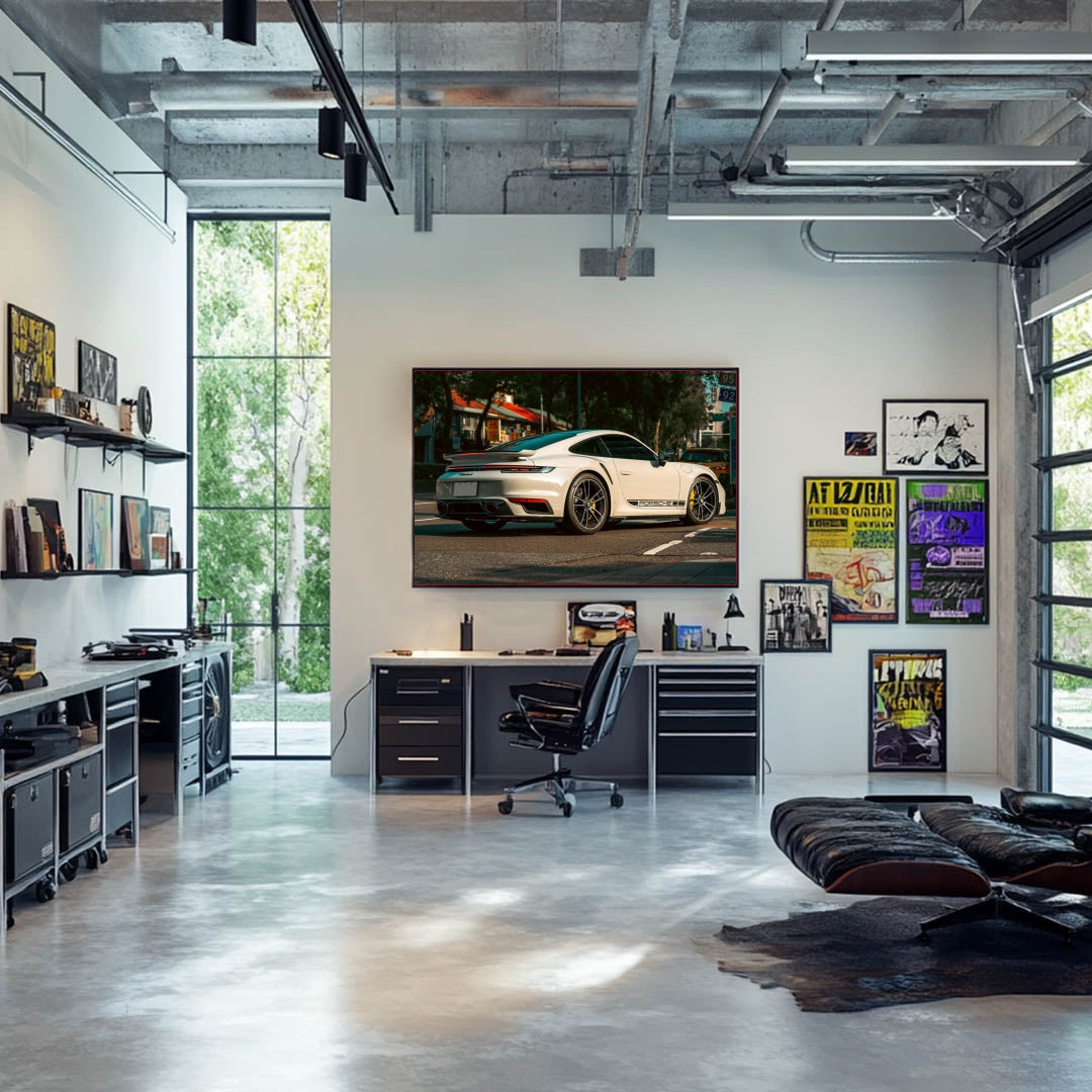 Porsche 911 Turbo S on a Taipei Street showcased in a modern office setting with black furniture and large windows.