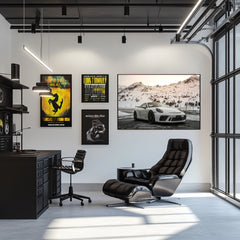 Porsche 911 Parked in the Mountains, car wall art display in a modern office setting.