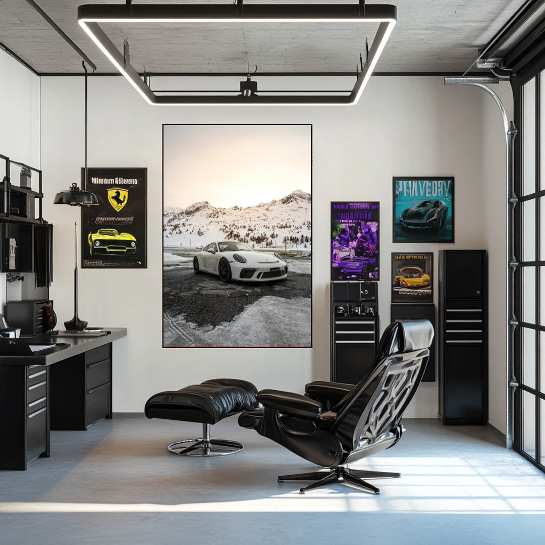 Porsche 911 GT3 in Alpine Stillness car wall art showcased in a modern office with stylish decor.