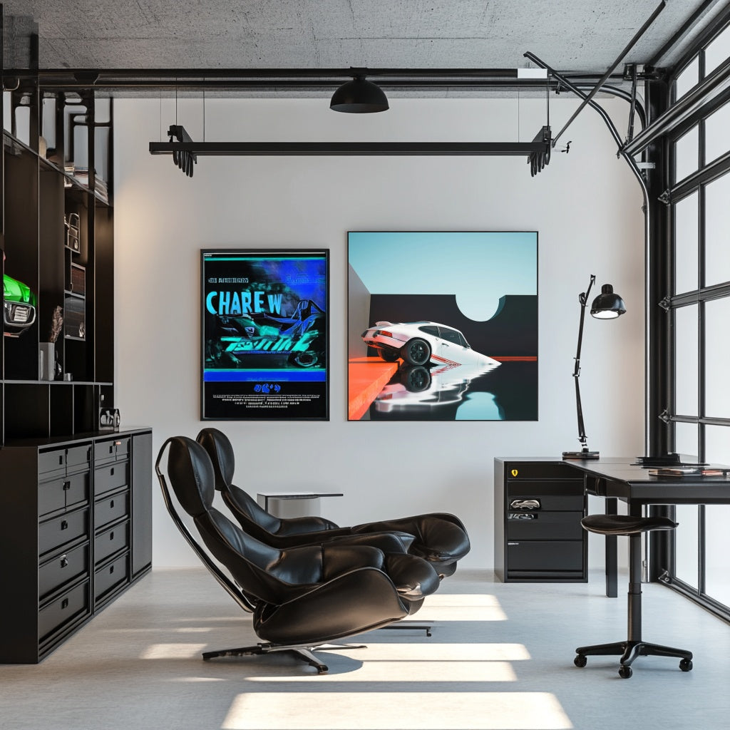 A modern office space featuring Porsche Reflected in Stillness car wall art on the wall, with a stylish black chair and desk.