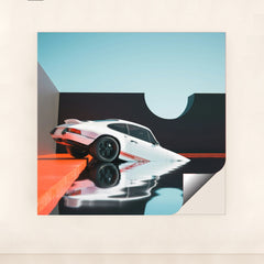 This photo shows a white classic Porsche car halfway submerged in reflective water beside modern geometric walls, unframed style.
