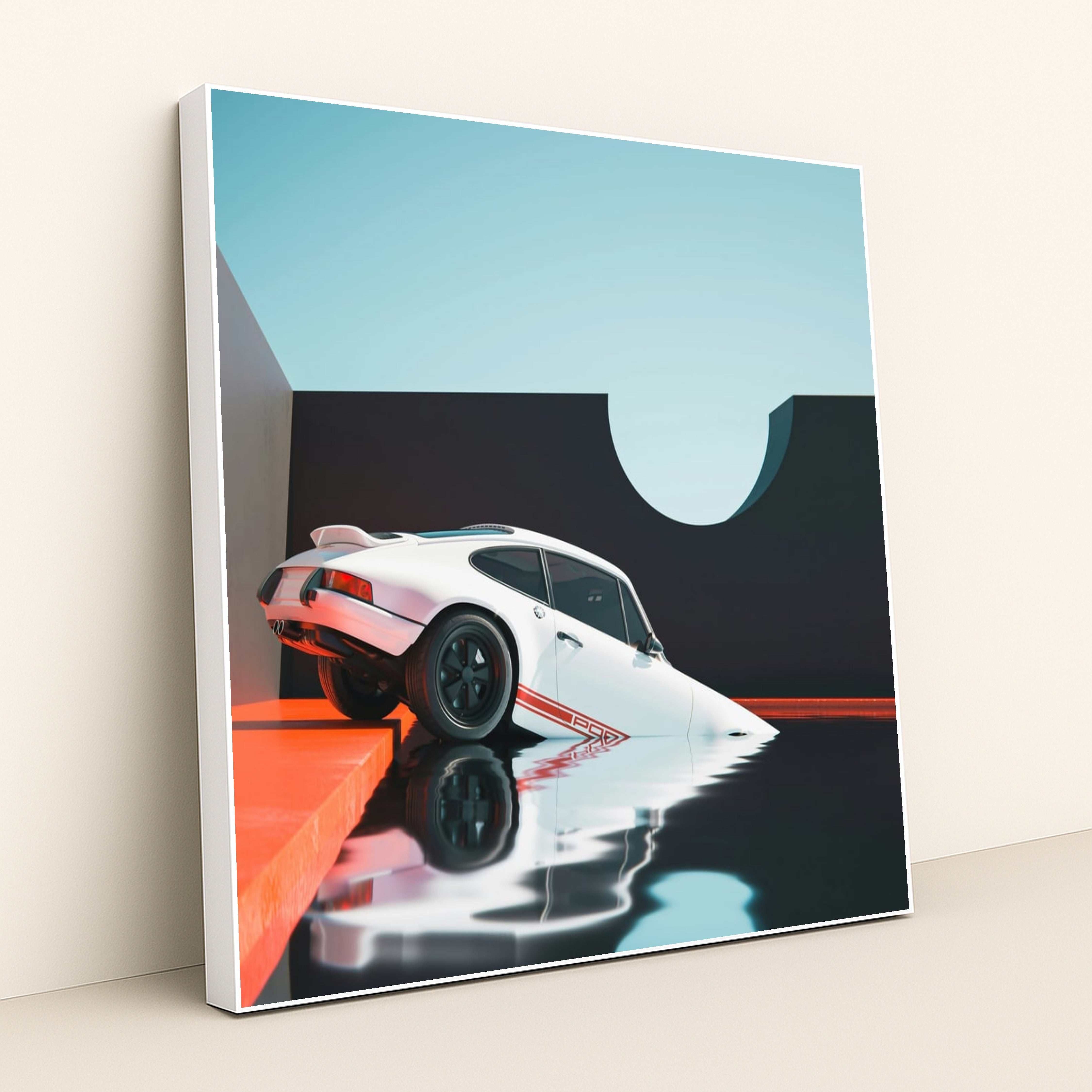 This photo shows a white classic Porsche car halfway submerged in reflective water beside modern geometric walls, in a white frame.