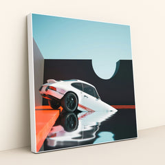 This photo shows a white classic Porsche car halfway submerged in reflective water beside modern geometric walls, in a white frame.