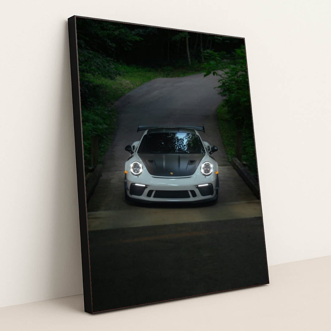 This photo shows a white Porsche sports car with a black hood and wing facing the camera on a forested road, in a black frame.