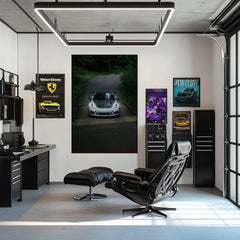 Porsche 911 GT3 RS by the Forest Road wall art displayed in a modern office with dark furniture.