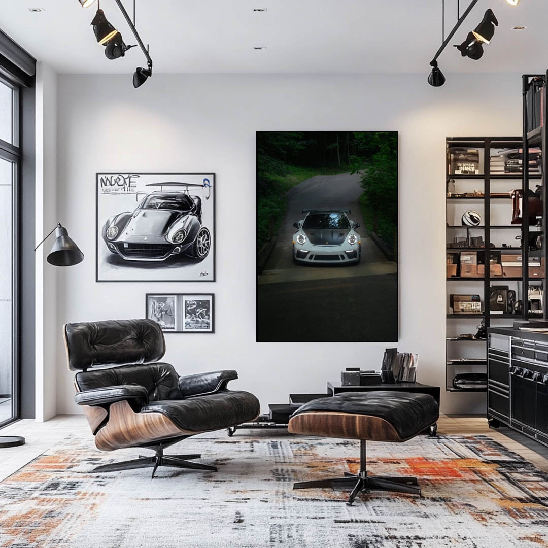 Porsche 911 GT3 RS by the Forest Road showcased in a modern living space with stylish decor and wall art.