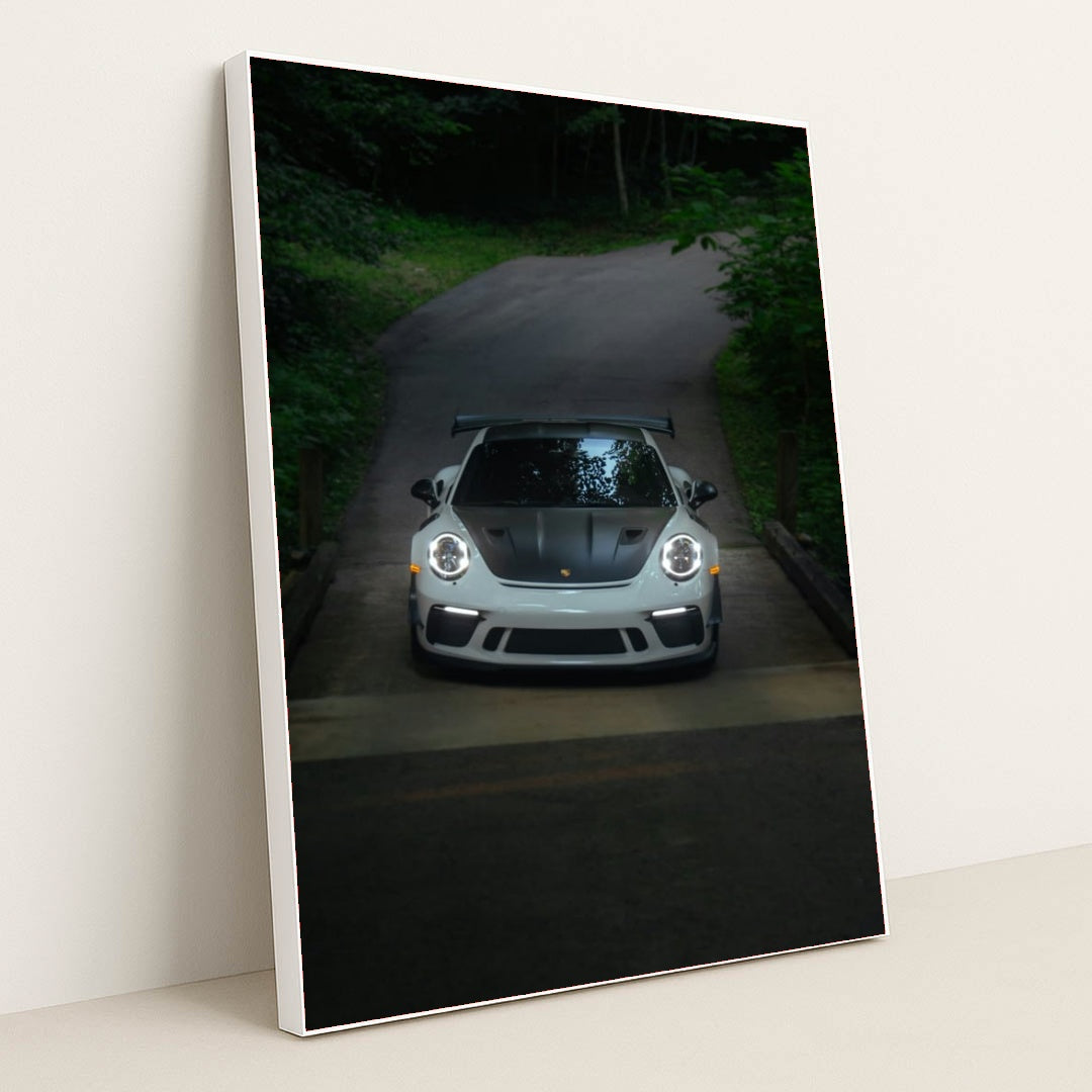 This photo shows a white Porsche sports car with a black hood and wing facing the camera on a forested road, in a white frame.
